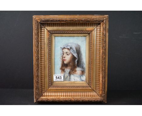 Oil on Panel, gilt framed Portrait of a Victorian Girl wearing a lace bonnet 