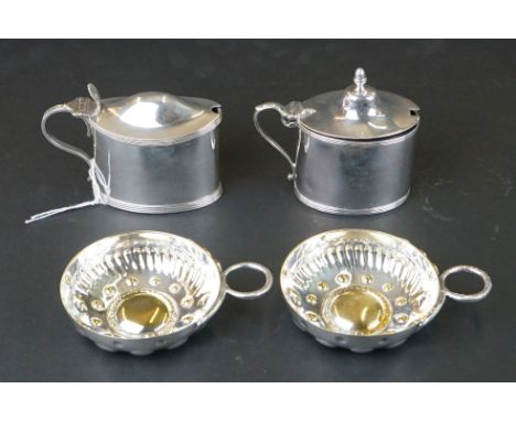 A fully hallmarked sterling silver mustard complete with liner together with a silver plated example and two silver plated wi