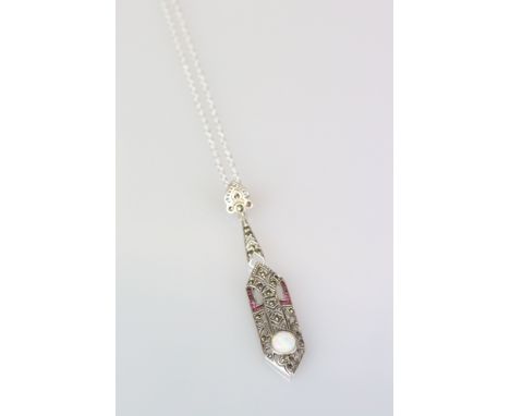 Silver and Ruby Art Deco style Drop Pendant Necklace with Opal Panel 