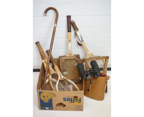 A collection of vintage wooden tennis rackets together with a pair of Leibermann &amp; Gortz binoculars and a Walking Stick