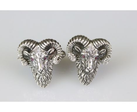 Pair of Silver Ram's Head Cufflinks with Ruby Eyes 