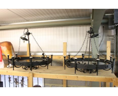 Pair of Modern Gothic style Black Metal Circular Eight Branch Central Light Fittings, 77cm diameter 