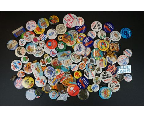 A collection of mainly 1970's and 1980's advertising button badges. 