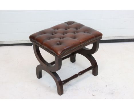 Chesterfield Brown Button Leather Stool, 46cm long x 44cm high 