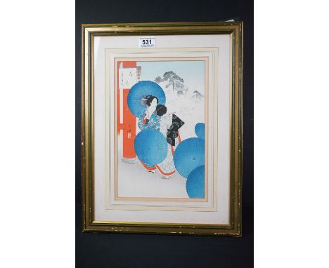 Antique signed Japanese Woodblock Portrait of Geisha Girls holding Wagasa Umbrellas 