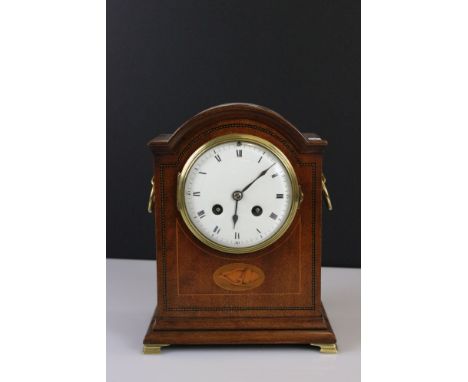 Edwardian Mahogany Inlaid Domed Top Mantle Clock, the white enamel dial with Roman numerals and Arabic numerals at the quarte