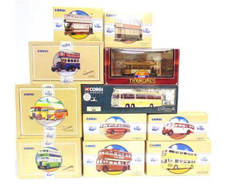 ELEVEN CORGI CLASSICS DIECAST MODEL BUSES, COACHES &amp; TRAMS  comprising a No.35304, Bedford VAL 'Smiths Tours'; No.97198, 