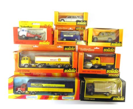 EIGHT ASSORTED SOLIDO DIECAST MODEL VEHICLES  circa 1970s-80s, comprising a No.363, Magirus articulated lorry with Fruehauf t