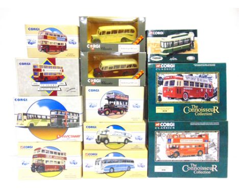 TWELVE CORGI CLASSICS DIECAST MODEL BUSES, COACHES &amp; TRAMS  comprising a No.35101, A.E.C. Routemaster (Open Top) 'London 