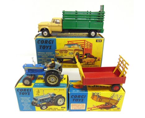 THREE CORGI DIECAST AGRICULTURAL MODEL VEHICLES  comprising a No.67, Ford 5000 Super Major Tractor, blue and pale grey, excel