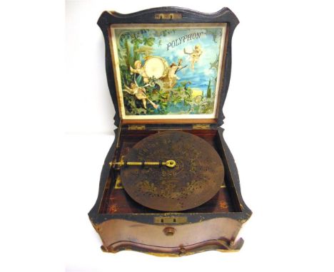 A POLYPHON DISC MUSICAL BOX  late 19th century, with a level-wind movement (working), in a walnut veneered case of serpentine