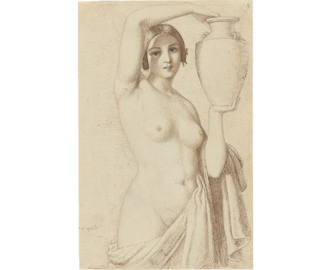 August Lucas (1803 – Darmstadt – 1863). Weiblicher Halbakt mit Amphore. Um 1829Feder in Braun über Bleistift auf Velin.  20&n