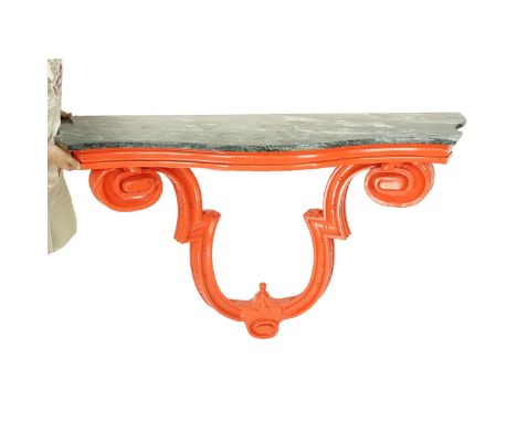 Carved Lacquered Marble Top Wall Console. Measures 40" H x 64" W x 19-1/2" D. Condition: Scuffs otherwise good condition Dome