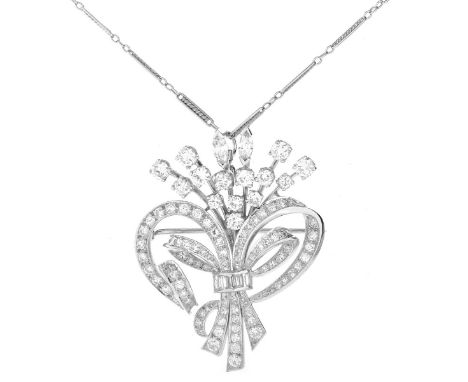 Vintage Approx. 7.50 Carat Round Brilliant, Marquise and Baguette Cut Diamond and Platinum Pendant Brooch with 14 Karat White