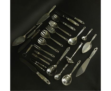 Forty-Two (42) Pieces Georg Jensen Acorn Serving Pieces. Includes: 2 pc salad set 10", 2 pc salad set 8", 2 pc salad set 9", 