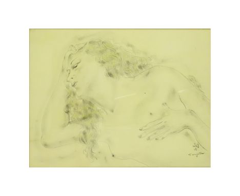 20th Century Pencil Drawing, Portrait of a Young Girl, Signed Foujita Lower Right. Measures 12-1/4" H x 15-1/4" W, frame meas
