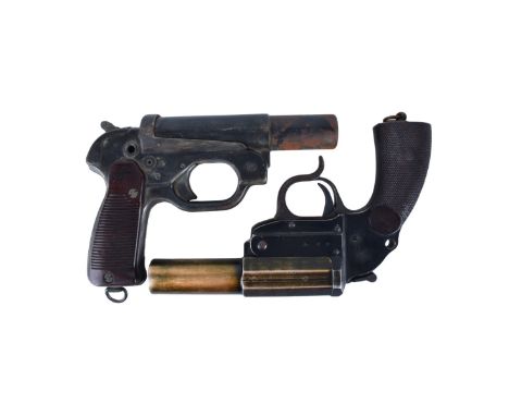 Two (2) Vintage Russian Flare Guns. One has Russian eagle marks, inscribed AYF, and numbered 5515. Other is marked WA and num
