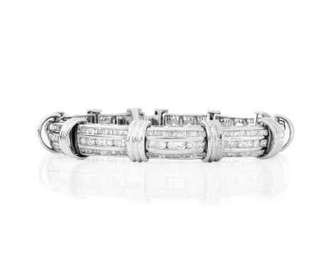 Man's Vintage Approx. 10.0 Carat TW Round Brilliant and Baguette Cut Diamond and 18 Karat White Gold Bracelet. Diamonds E-F-G