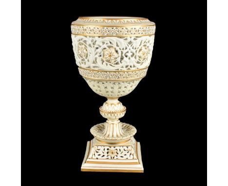 Large Royal Worcester Reticulated Porcelain Vase. Signed. Measures 12-3/4". Condition: Small loss and small chip to 2 bottom 