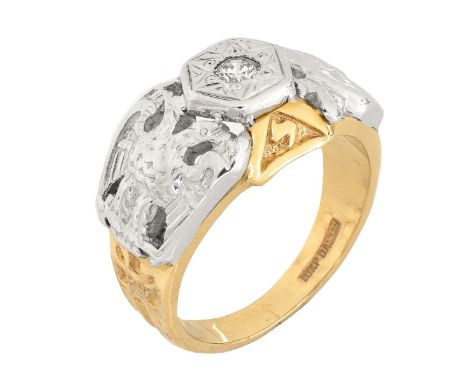 Man's Vintage Round Brilliant Cut Diamond and 10 Karat Yellow and White Gold Masonic Ring. Stamped 10KP. Ring size 9-1/4. App