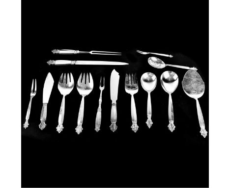 Fourteen (14) Georg Jensen Acanthus Sterling Silver Serving Pieces. Includes: cold meat fork 9", berry spoon 9", serving spoo