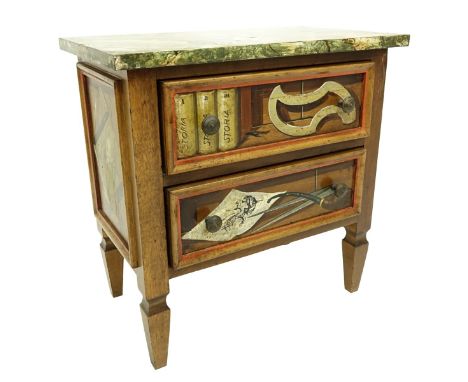 Vintage Hand Painted Chest of Drawers. Two sliding drawers and stands on tapering legs. Measures 18" H x 18-1/8" W x 11-1/4" 