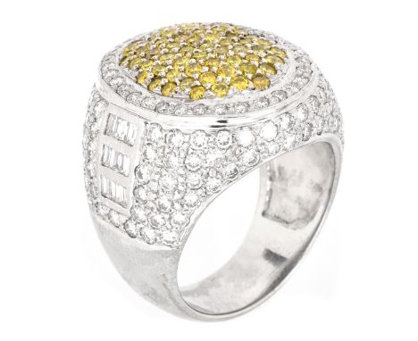 Man's Vintage Approx. 5.0 Carat TW Pave Set Fancy Yellow and White Round Brilliant Cut Diamond, Baguette Diamond and 14 Karat