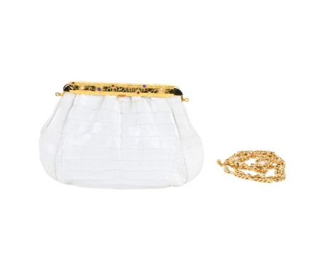 Vintage Bijoux Medici White Crocodile Evening Bag. Gold tone frame set with gemstones. Includes leather and chain shoulder st