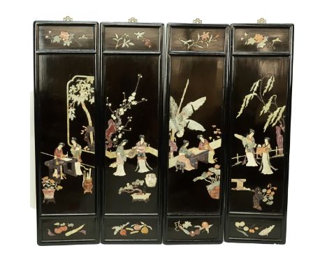 Set of Four (4) Vintage Chinese Hardstone Lacquered Wood Panels. Depicting figures engaged in daily chores and activities. Un
