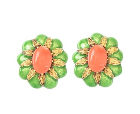 Vintage Enamel and Pink Coral 18 Karat Yellow Gold Earrings. Signed Lucien, 750. Measures 1-1/8" L x 1" W and weigh approx. 3