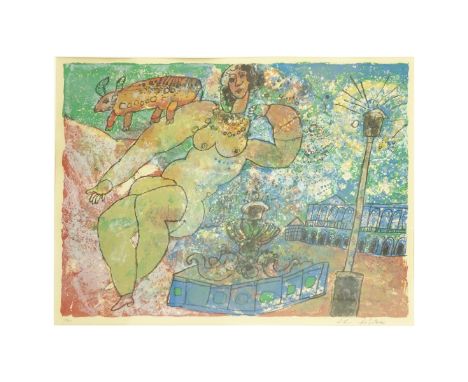 Theo Tobiasse, Israeli (1927 - 2012) Lithograph, Nude with Fountain and Street Light, Signed and Numbered 18/2/200 in Pencil.