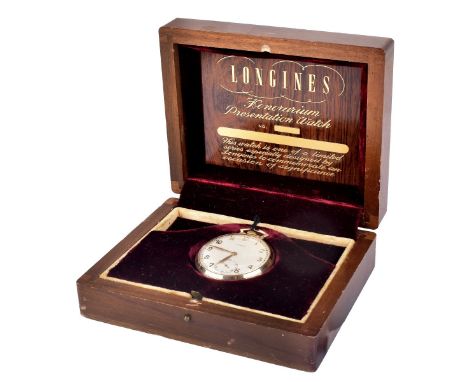 Vintage Circa 1938 Longines 14 Karat Yellow Gold Seventeen Jewel Pocket Watch with Box. Numbered 93703, stamped 14K. Case mea
