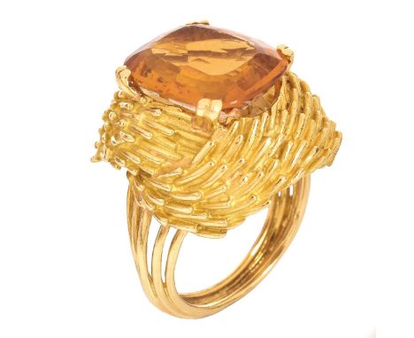 Vintage Oval Cushion Cut Citrine and 18 Karat yellow Gold Ring. Citrine with vivid color, measures 15mm x 12mm. Stamped 750. 