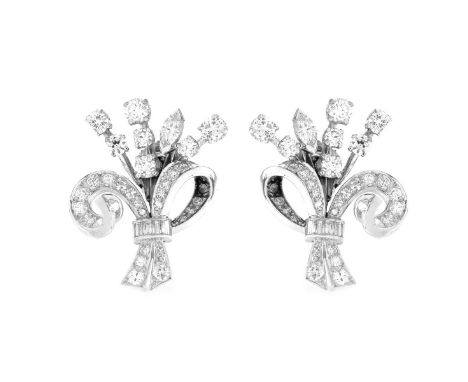 Vintage Approx. 3.0 Carat TW Round Brilliant, Marquise and Baguette Cut Diamond and Platinum Earrings. Diamonds E-F color, VS