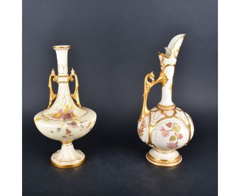 Two (2) Royal Worcester Porcelains. This lot includes a handled vase and an ewer with griffin handle. Both with hand painted 