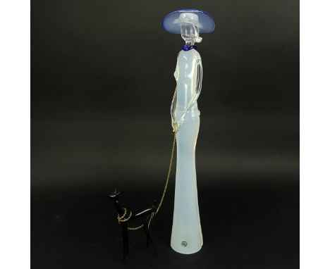 Elio Raffaeli, Italian (born 1936) Tall Murano Art Glass Female and Dog Sculpture. Signed to base and has original sticker at