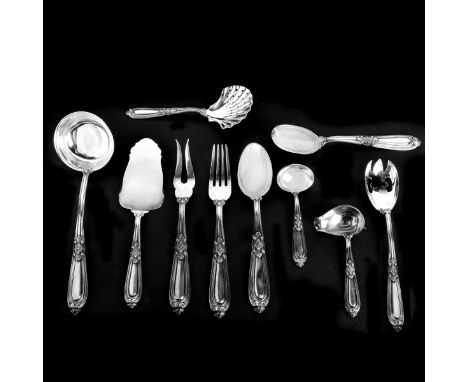 Nine (9) Buccellati Esteval Sterling Serving Pieces. Includes: sauce ladle, 2 pc salad set, cold meat fork, serving fork, fis