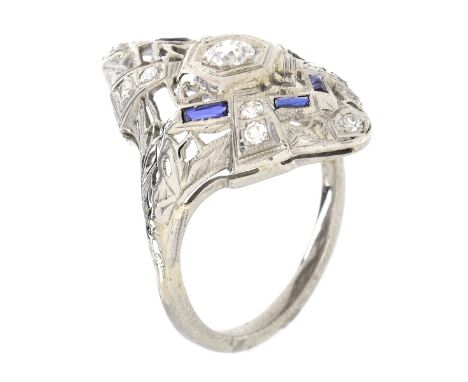 Art Deco Old European Cut Diamond, Sapphire and Filigree Platinum Ring. Unsigned. Ring size 6. Approx. weight: 3.7 grams. Con