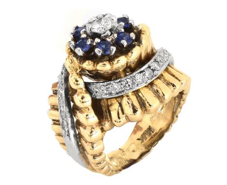 Retro Round Brilliant Cut Diamond, Sapphire and 14 Karat Yellow Gold Swirl Ring. Stamped 14K. Ring size 2-1/2. Approx. weight