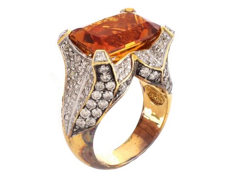 Vintage Rectangular Cut Citrine, Pave Set Diamond and 14 Karat Yellow Gold Ring. Citrine with vivid color, measures 14mm x 10