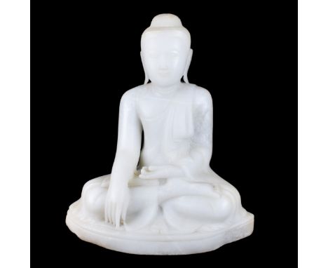 Antique Carved White Marble Seated Buddha Sculpture. Measures 14-1/2" H x 13" W. Condition: Good condition Domestic Shipping: