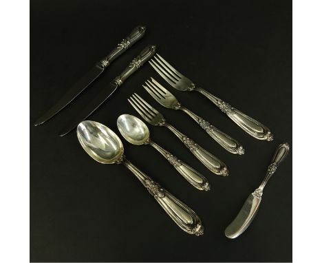 Ninety-six (96) Piece Buccellati Sterling Esteval Flatware Set. Includes 12 each: dinner fork 8-1/2", dinner knives 10", lunc