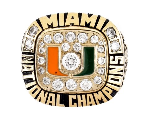 1991 Miami National Championship 10 Karat Yellow Gold Player's Ring Awarded to Offensive Lineman Leon Searcy. Set throughout 