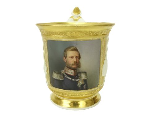 19th Century KPM Porcelain Portrait Cup. Decorated in gilt figural relief, the handle a full figure. Professionally Restored 