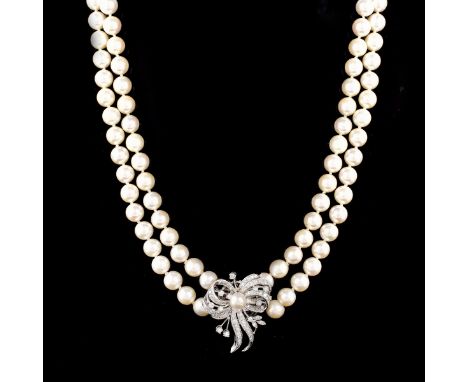 Vintage Double Strand 8.5-8.7mm Pearl Necklace with Approx. 3.5 Carat Diamond and 14 Karat White Gold Clasp. Pearls with good