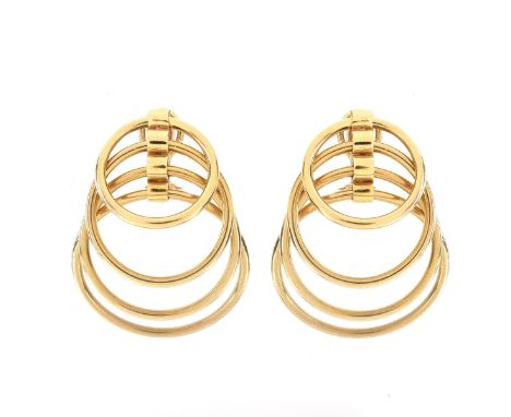 Vintage 14 Karat Yellow Gold Multi Hoop Earrings,. Stamped 14K. Measure 1-5/8" H, 1-1/8" W. Approx. weight: 16.7 grams. Condi