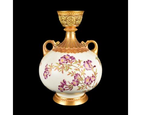 Royal Worcester Two Handle Bulbous Porcelain Vase. Signed and numbered 1109 to base. Measures 11-1/2" H x 8" W. Condition: Ru