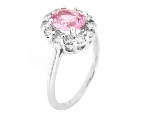 GFCO Gem Lab Certified 1.38 Carat Ova Cut Orangy-Pink Padparadscha Sapphire, Diamond and 14 Karat White Gold Ring. Sapphire w