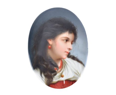 19/20th Century Italian School Porcelain Plaque, Portrait of a Gypsy Girl.. Flor &amp; Findel Florence label attached en vers