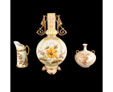 Three (3) European Porcelain Vase &amp; Ewer Group. Includes Carlsbad, Royal Worcester. Hand painted floral motif. Signed. Ta
